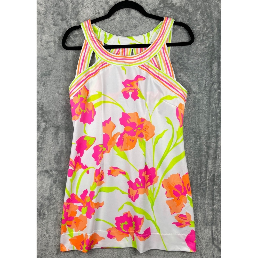 Gretchen Scott Isosceles Iconic Iris Dress Sz Medium White Floral Tropical Mini